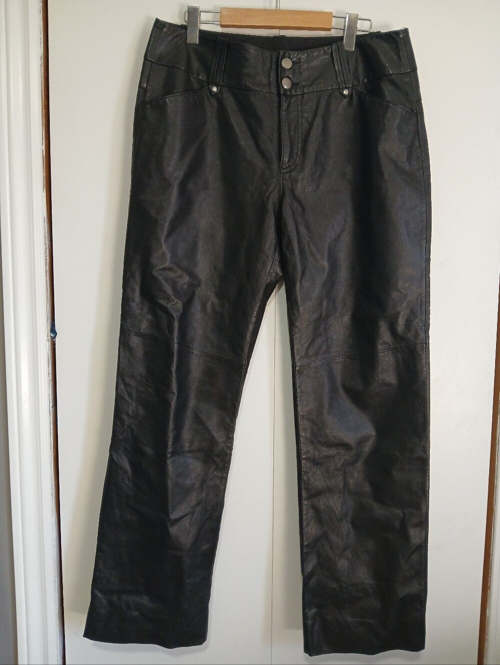 ​Danier Leather Black Straight Leg Pants Size 12 Lined Double Snap High Rise